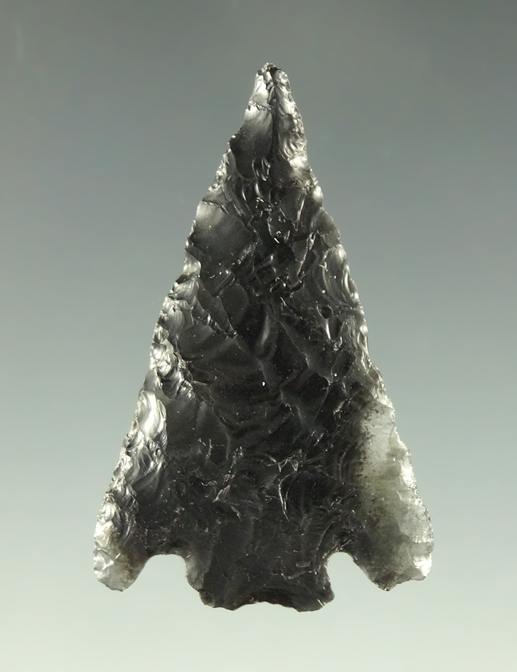 1 3/8" obsidian Eastgate found in the Great Basin area. Ex. Charles Shewey collection.