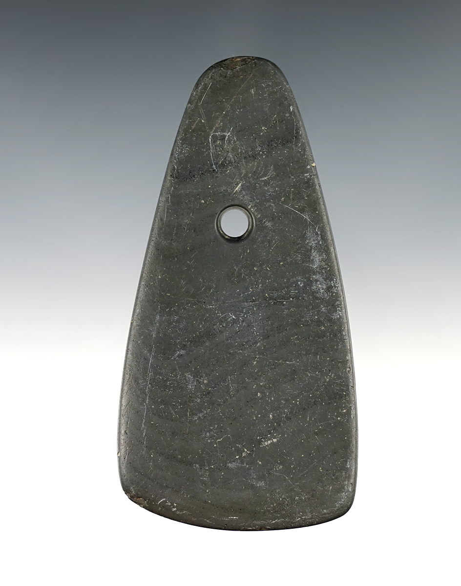 3 1/2" Trapezoidal Pendant - Banded Slate. Found  in Mahoning Co., Ohio in 1983. Ex. Dave Boyle.