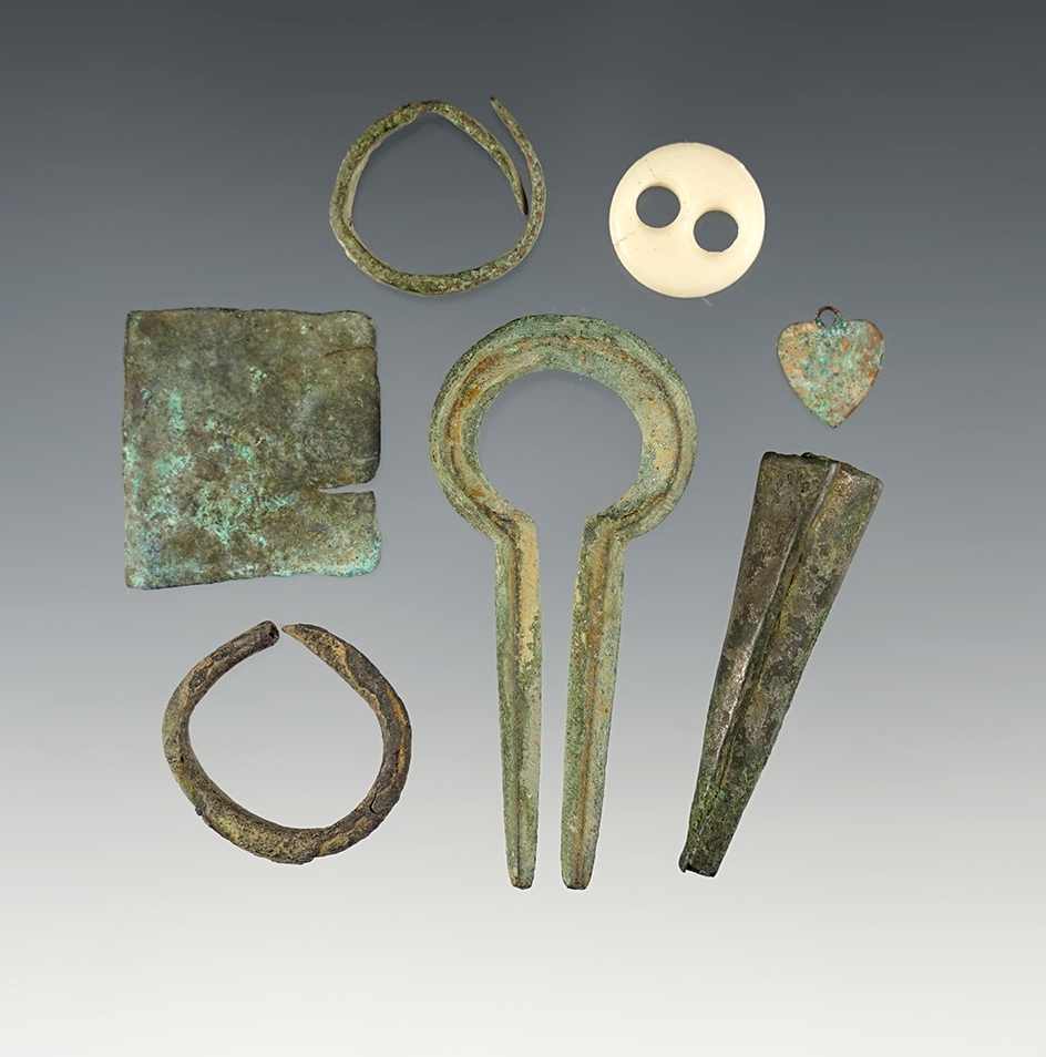 Set of Trade itmes found in the 1950's in Clark Co., Washington. Most are made from copper.