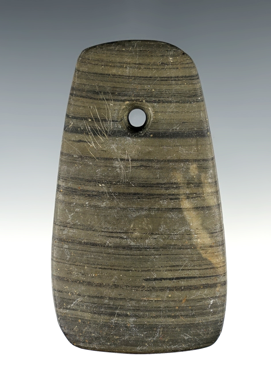 3 3/16" Adena Trapezoidal Pendant - Green and Black Banded Slate. Ohio. Bennett COA.