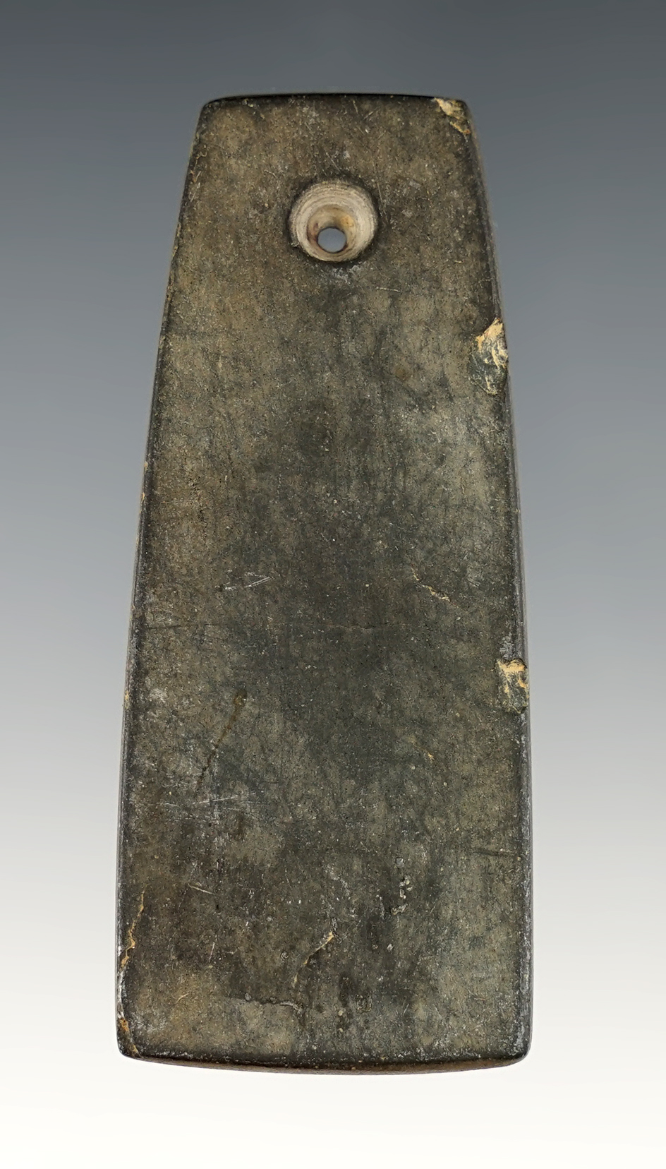 Miniature 2 3/4" Hopewell Trapezoidal Pendant made from Slate. Found in Scioto Co., Ohio.