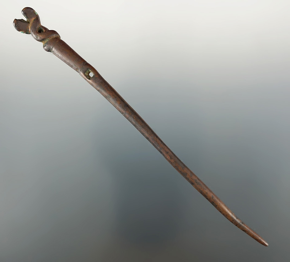 5 13/16" copper Inca Tupi pin featuring two snake effigies at head with original stone eyes.