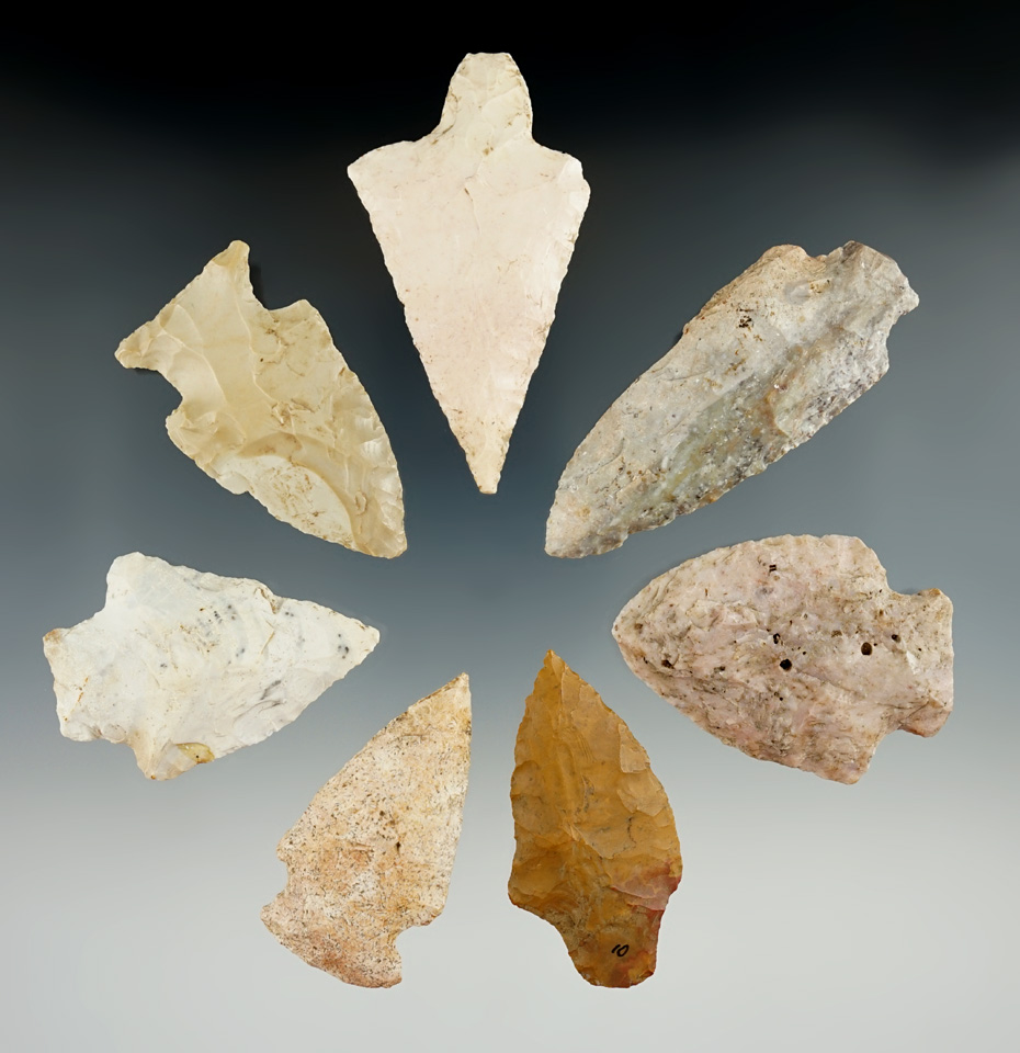 Set of seven Missouri/Illinois arrowheads, largest is 3".
