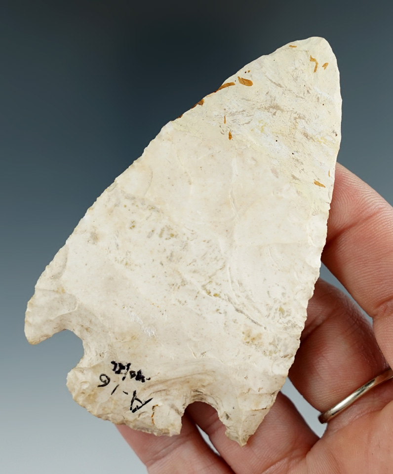 3 3/8" Basalnotch Knife with restoration to 1" of tip area made from Burlington chert found in Illin