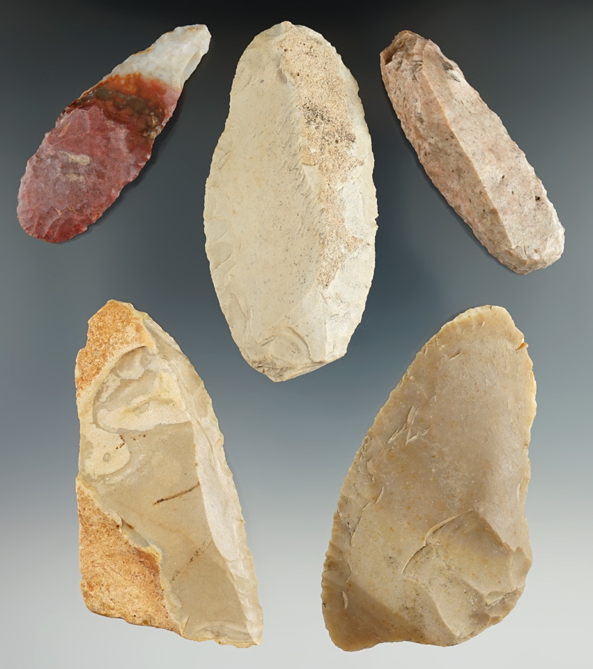 Set of five W. Texas flake Knives with excellent edge work. One is made from Alibates.