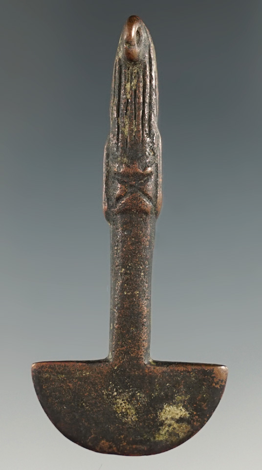 Unique 2 9/16" miniature copper Tumi pendant with a human effigy made from copper - Peru.