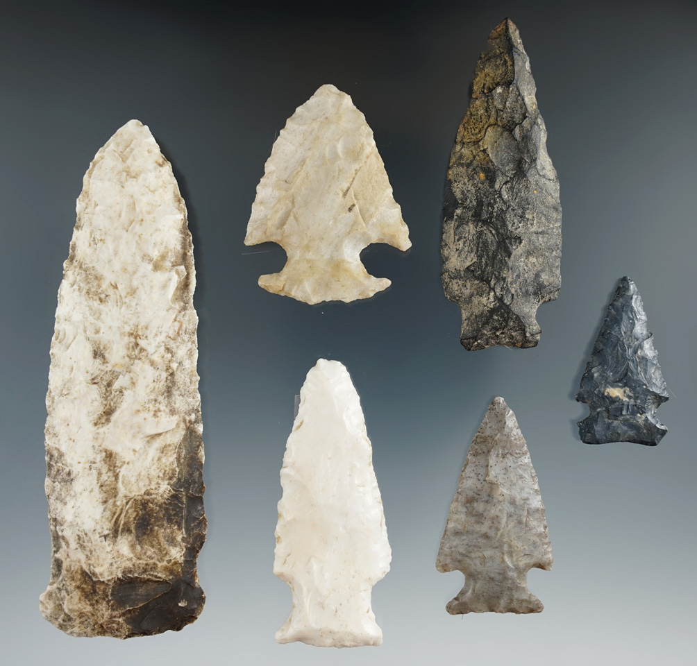 Six assorted points and Knives found in Illinois/Missouri area. largest is 4 1/2".