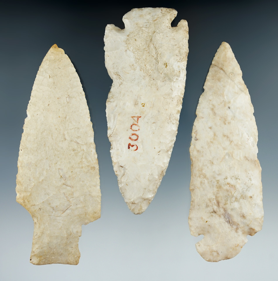 Three Burlington Flint Knives found in the Illinois/Missouri area, largest is 4 1/4".