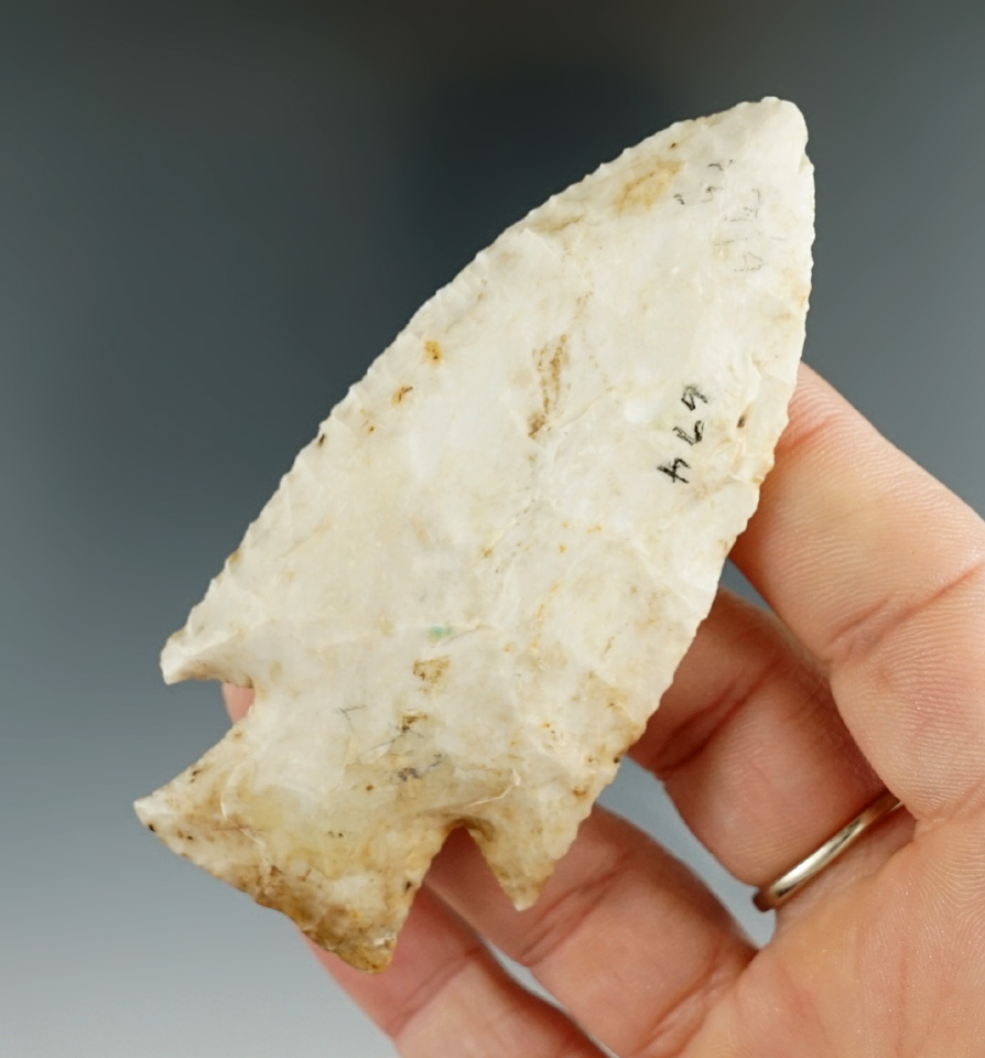 3 3/8" well flaked Hardin found in Pike Co., Illinois with very minor restoration to 1 basal corner.