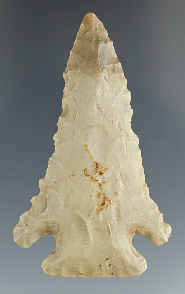 2 1/16" Pinetree point found in Kentucky. Ex. Jay Perkins collection. Comes with a Bennett COA.