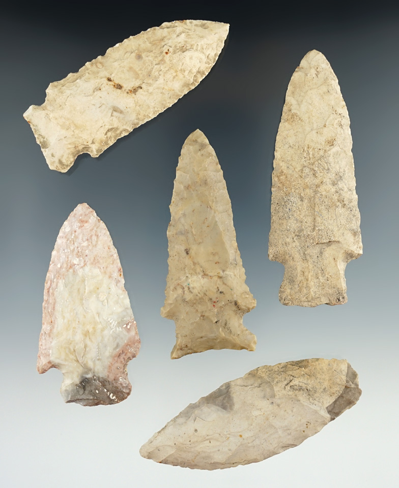 Set of five assorted Missouri points, largest is 3 1/8".