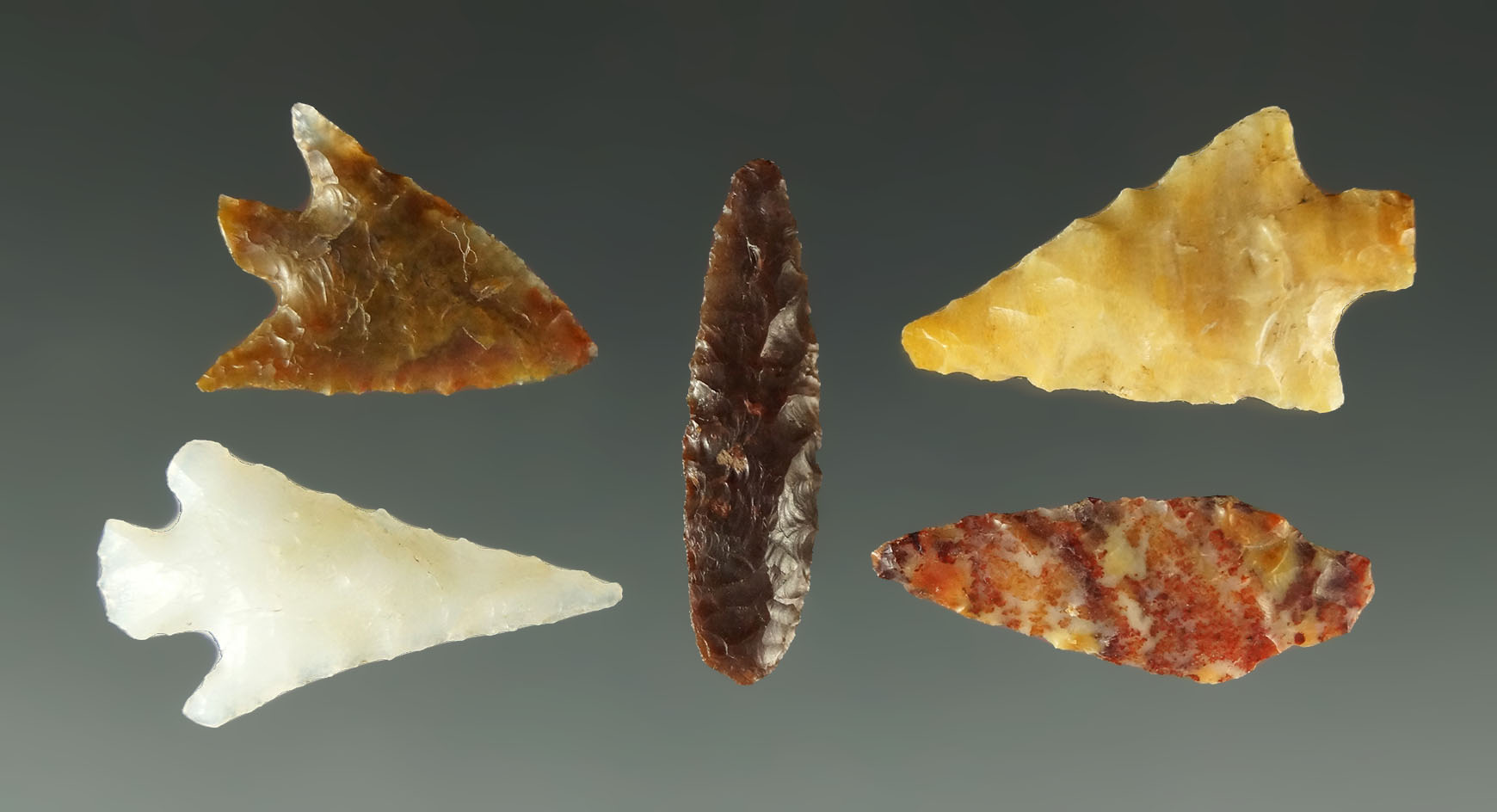 Set of five assorted Columbia River Gempoints, largest is 7/8".