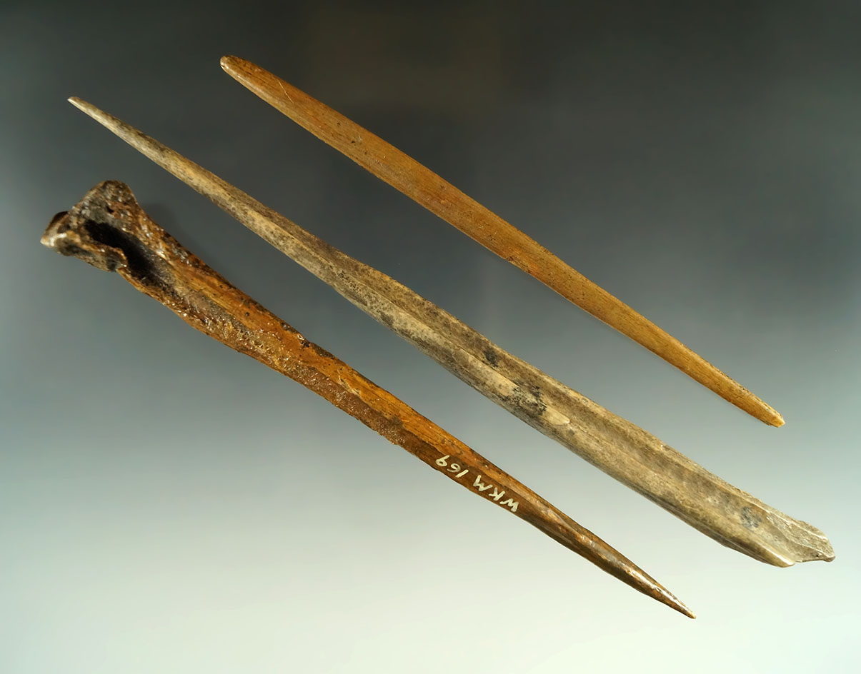 Set of three large bone awls/hairpins found  near the Wakemap mound at the Columbia River.