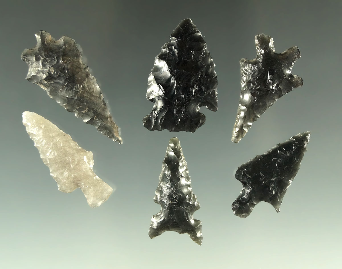 Set of six nicely flaked arrowheads found near Fort Rock Oregon, largest is 1 1/8".
