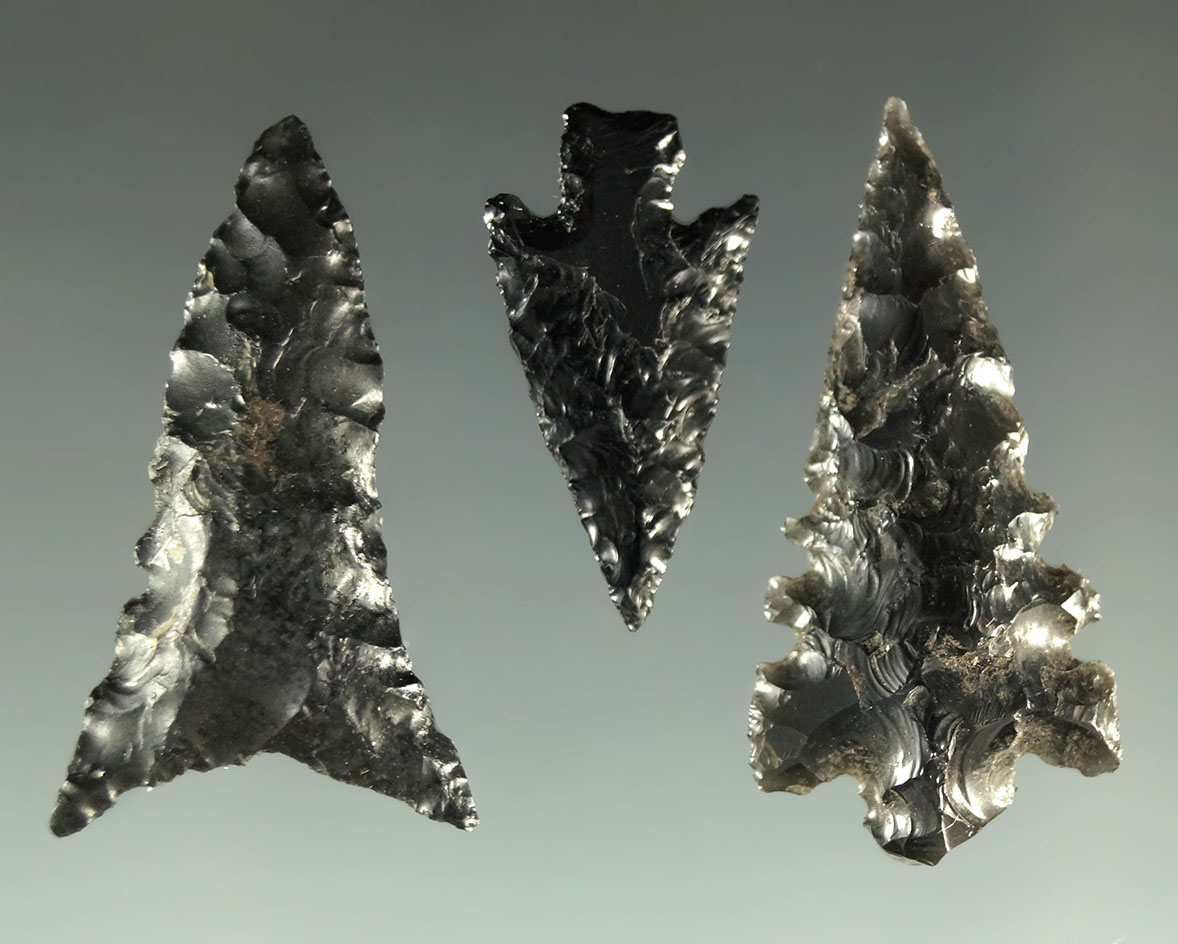 Set of three obsidian arrowheads found in Oregon, largest is 1 3/16".