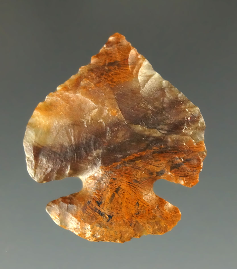 Very unique 1" Cornernotch arrowhead - multicolored agate found near the Columbia River.