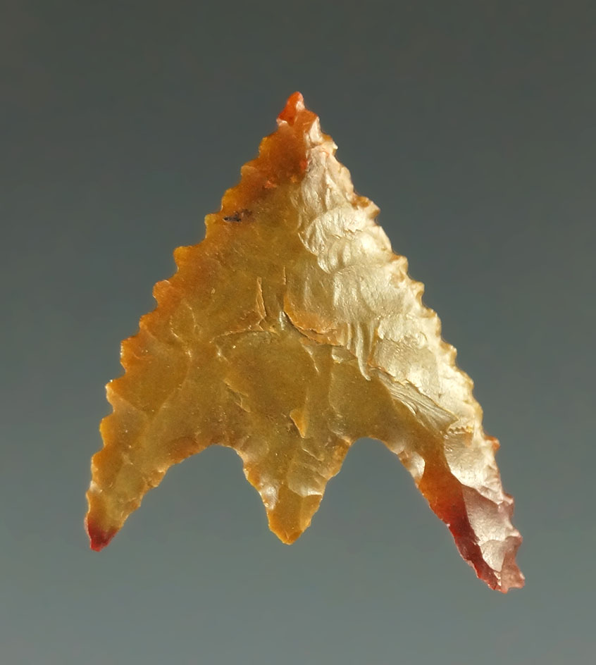 13/16" nicely serrated Gunther point found in the 1970s by Hyatt Lake, South Cascades, Oregon.