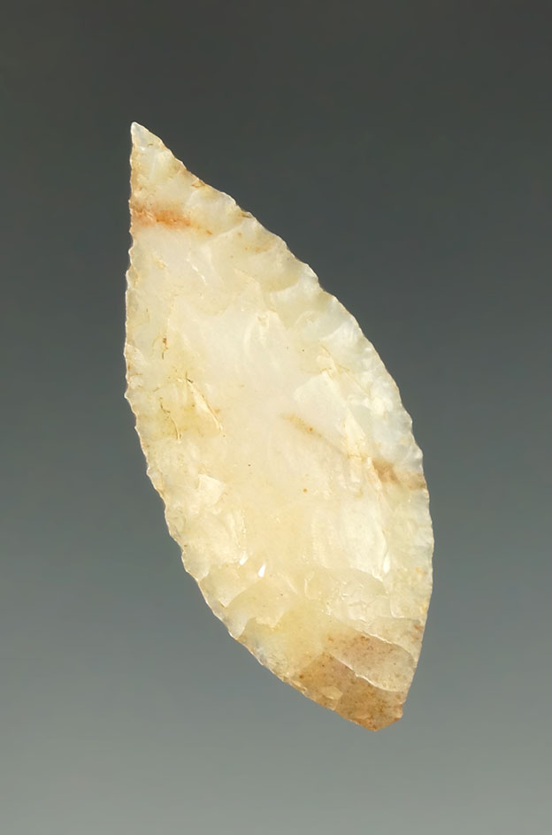 Excellent style and flaking on this 1 7/16" needle tip Leaf point found in Oregon.