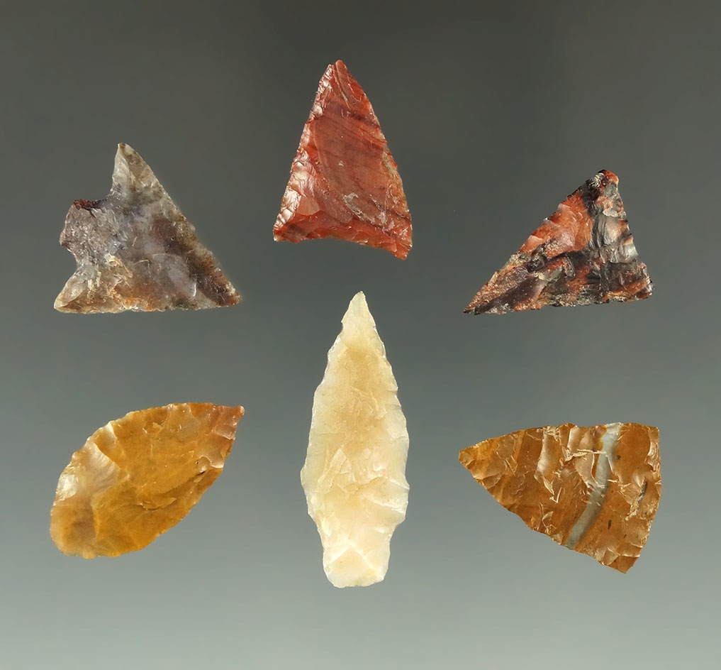 Set of six assorted Columbia River arrowheads, largest is 1 5/16".