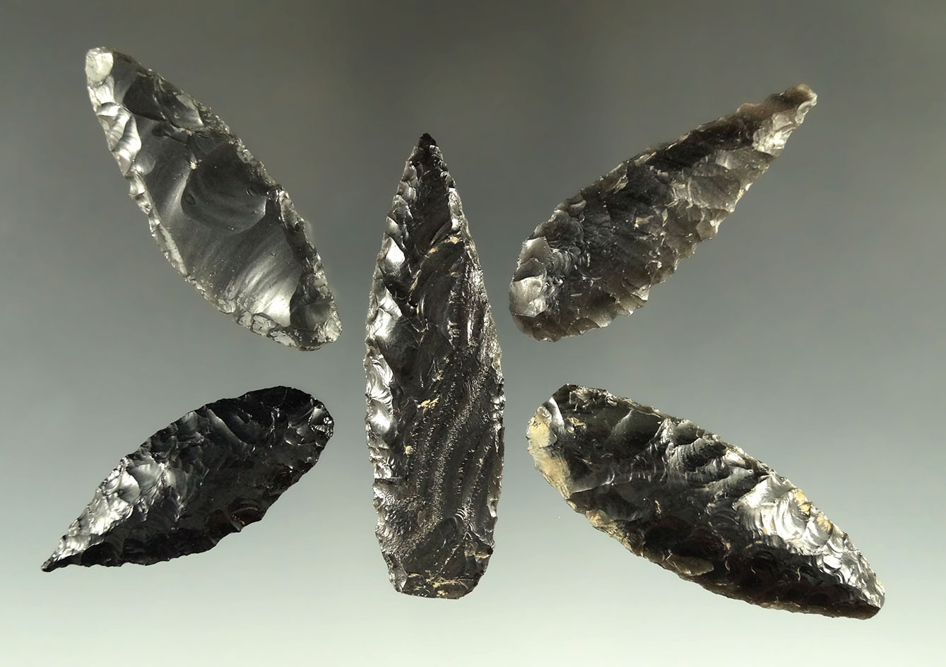 Set of five obsidian Cascades found in Oregon, largest is 2 5/16".