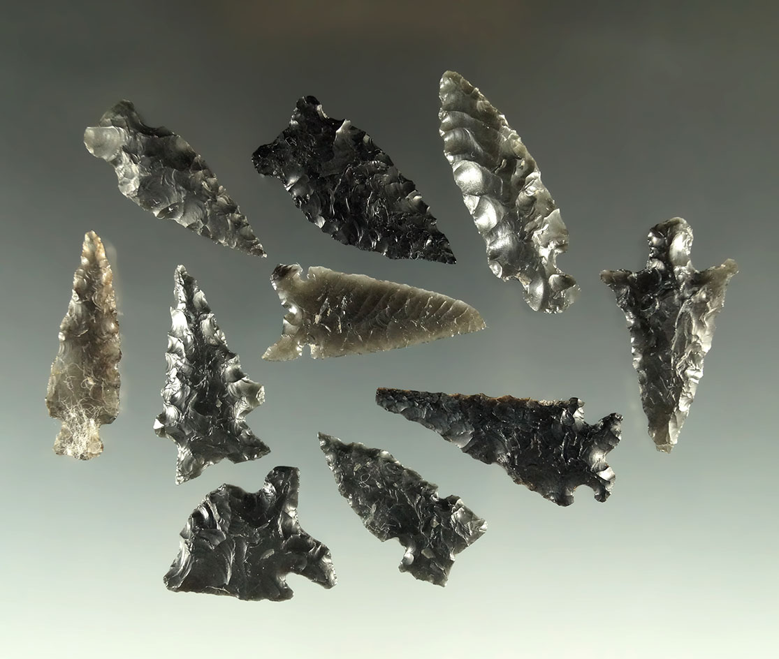 Set of 10 assorted arrowheads found near Fort Rock Oregon, largest is 1 5/16".