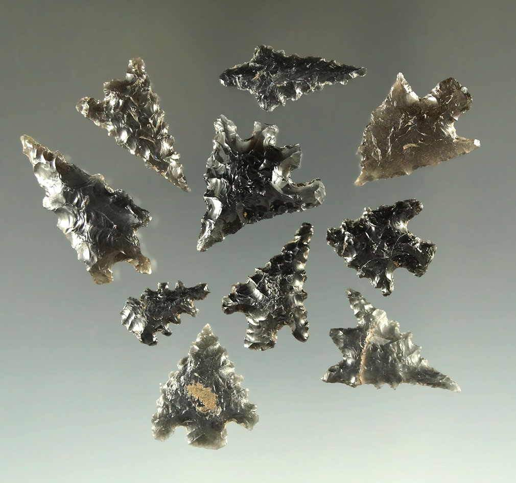 Set of 10 Southern Oregon obsidian arrowheads, largest is 1 1/16".