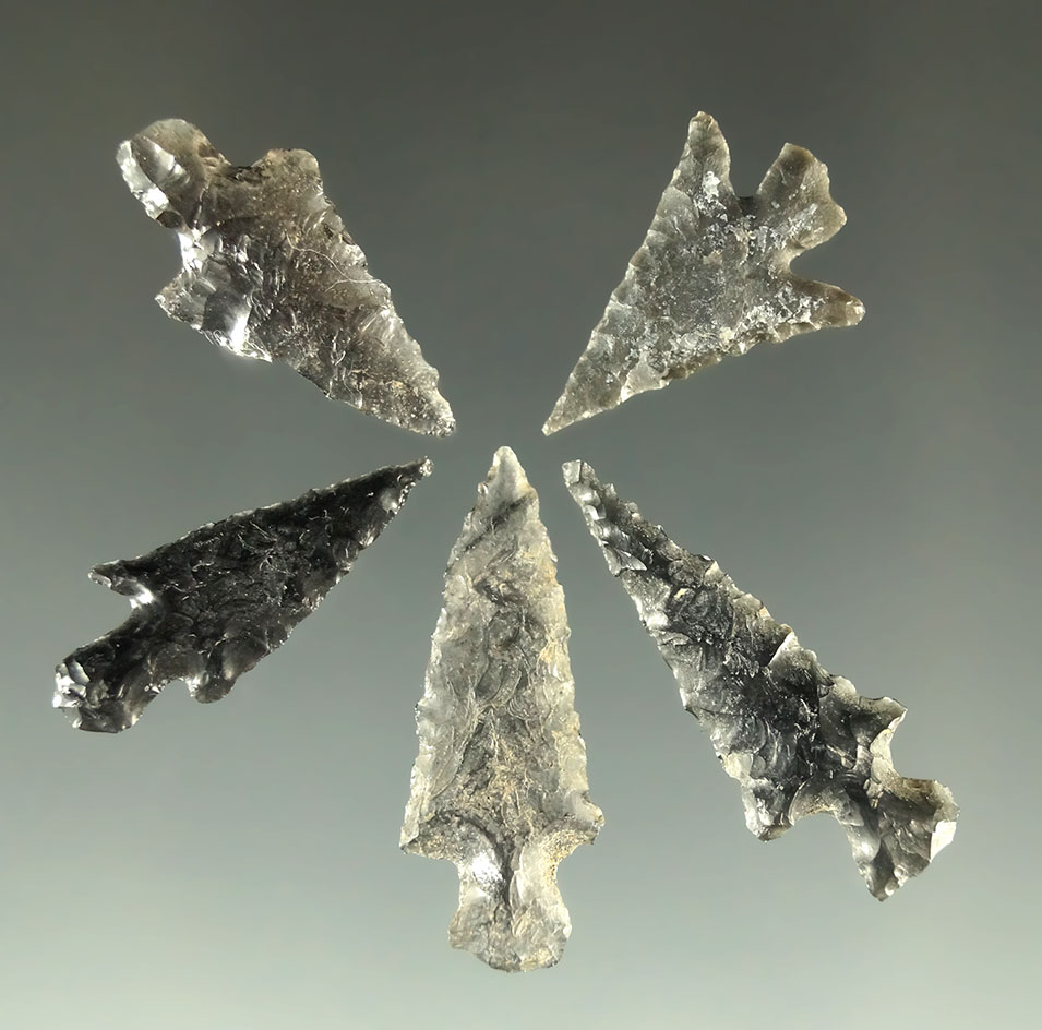 Set of five nicely flaked obsidian arrowheads found near Fort Rock Oregon, largest is 1".