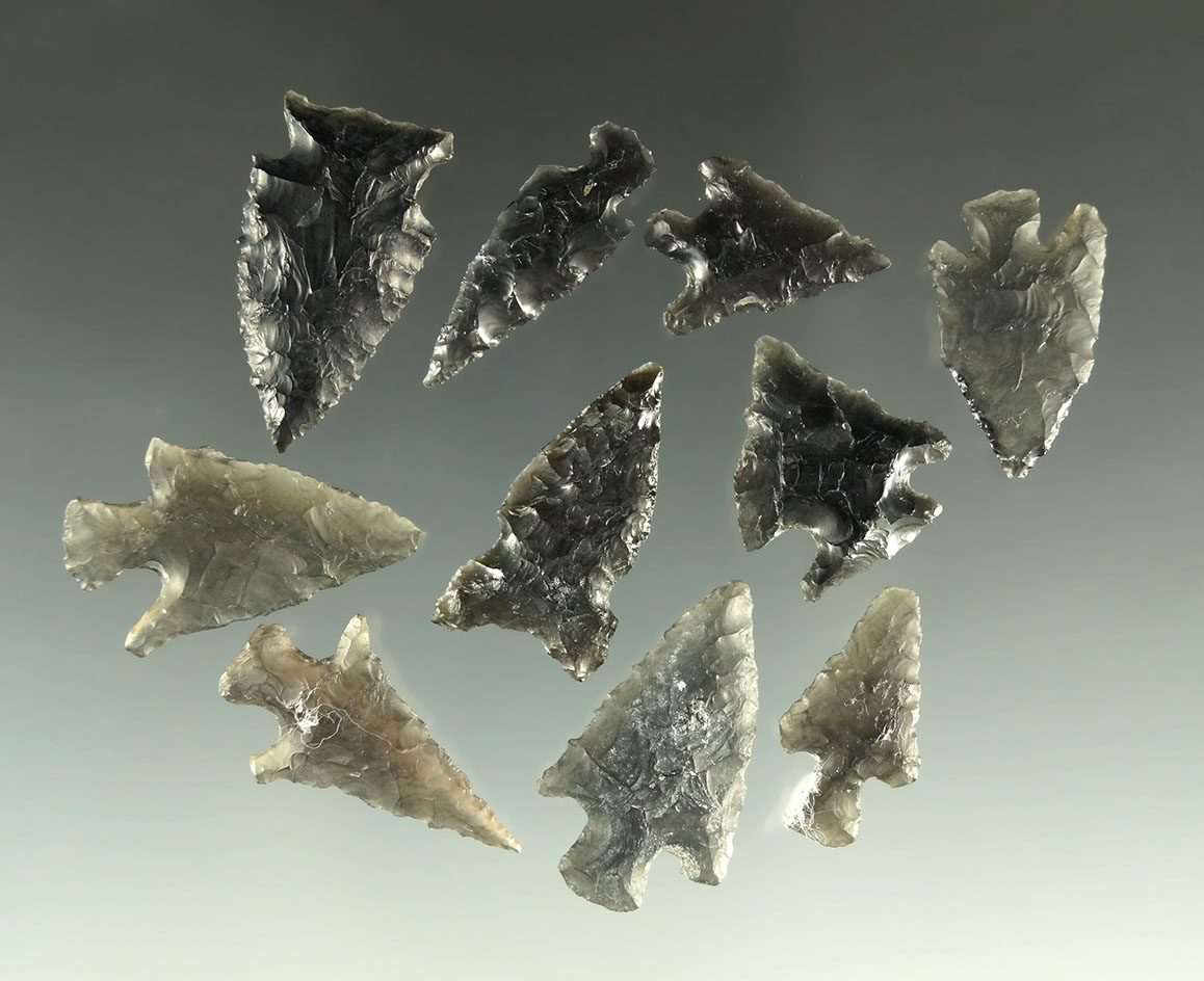 Set of 10 assorted arrowheads found near Fort Rock Oregon, largest is 1".