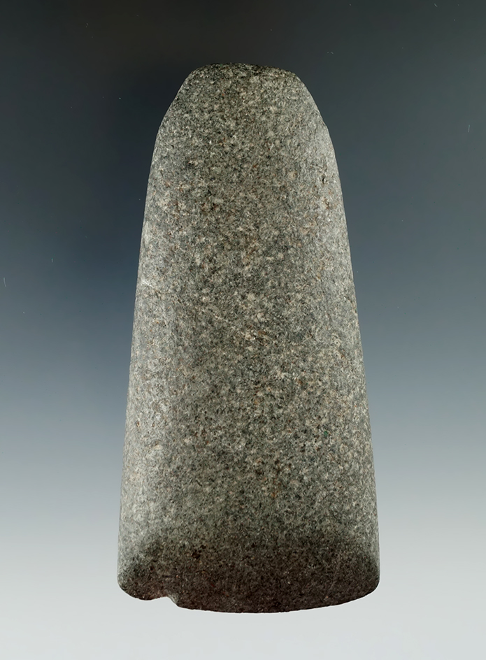 Well-defined 4 1/2" hardstone Celt with good use polish at bit found in Ohio.