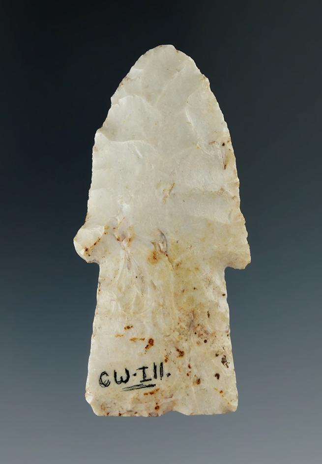 2 1/2" long stemmed Hardin that was resharpened down many times in ancient times. Illinois.