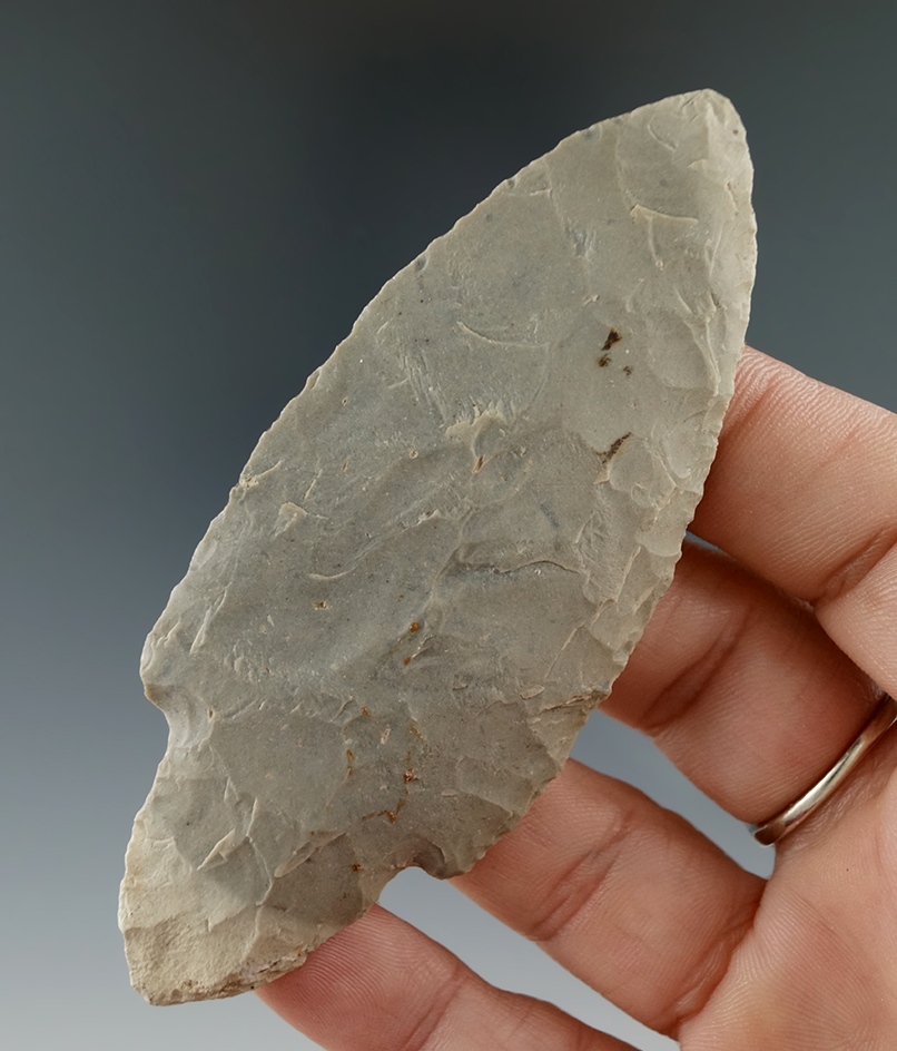 Thin and nicely flaked for size 3 11/16" Hornstone Adena found in Northern Indiana.