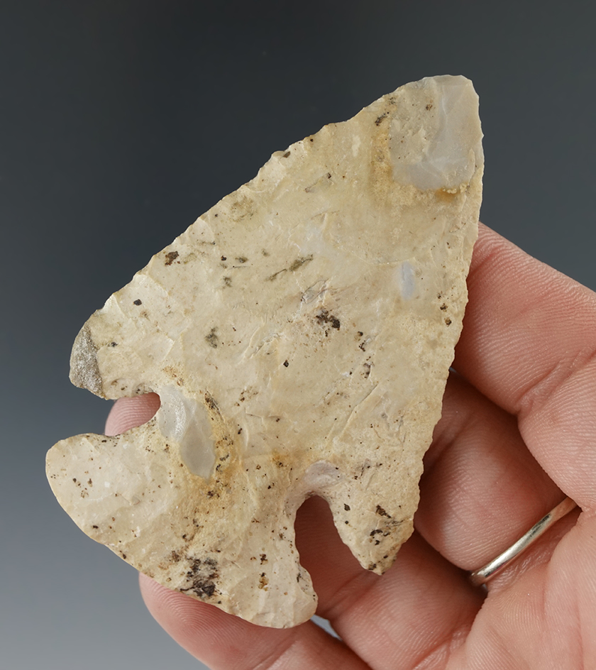 2 7/8" Archaic Thebes Bevel found in Shelby County Illinois with restoration to the end of one ear.