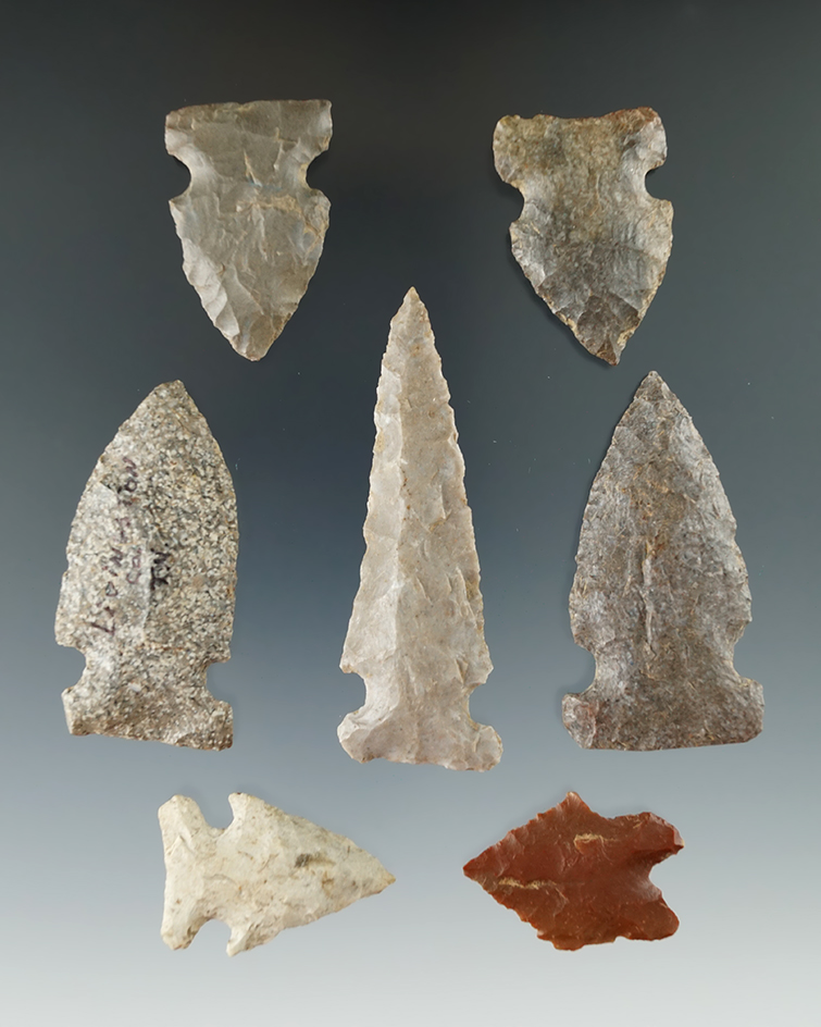 Excellent set of archaic points and knives found in Tennessee, largest is 2 3/4". Very nice set.