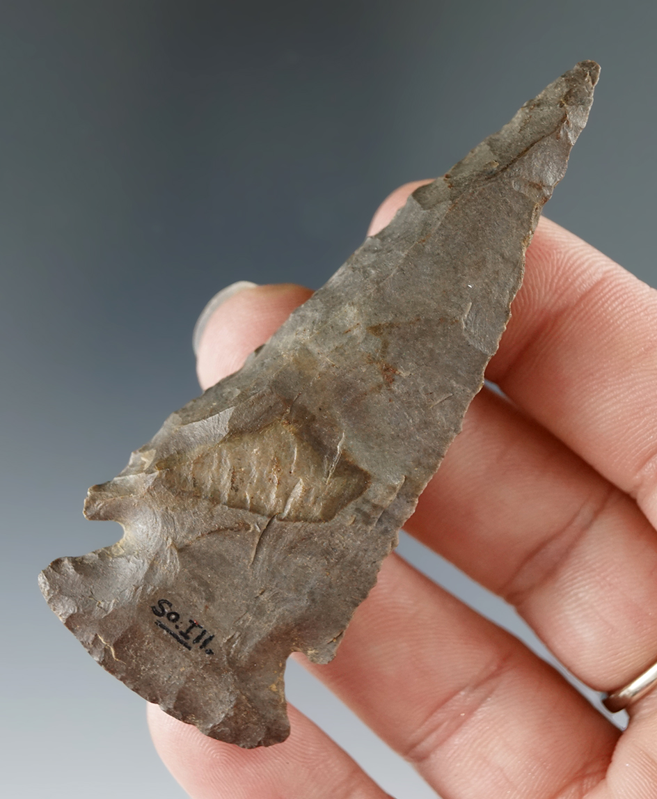 3" steeply beveled Archaic Cornernotch found in southern Illinois.