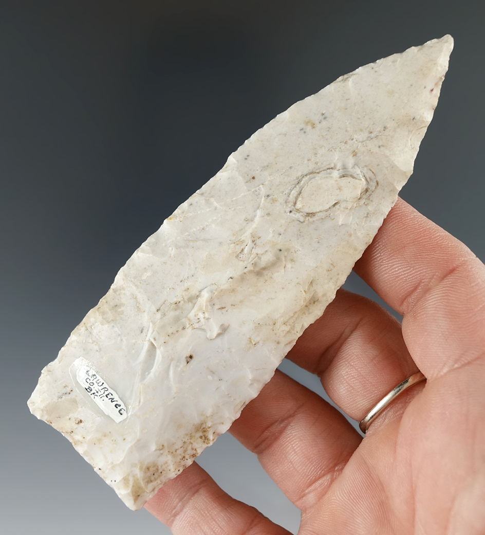 4 5/16" Lanceolate made from Burlington chert found in Lawrence County Illinois.