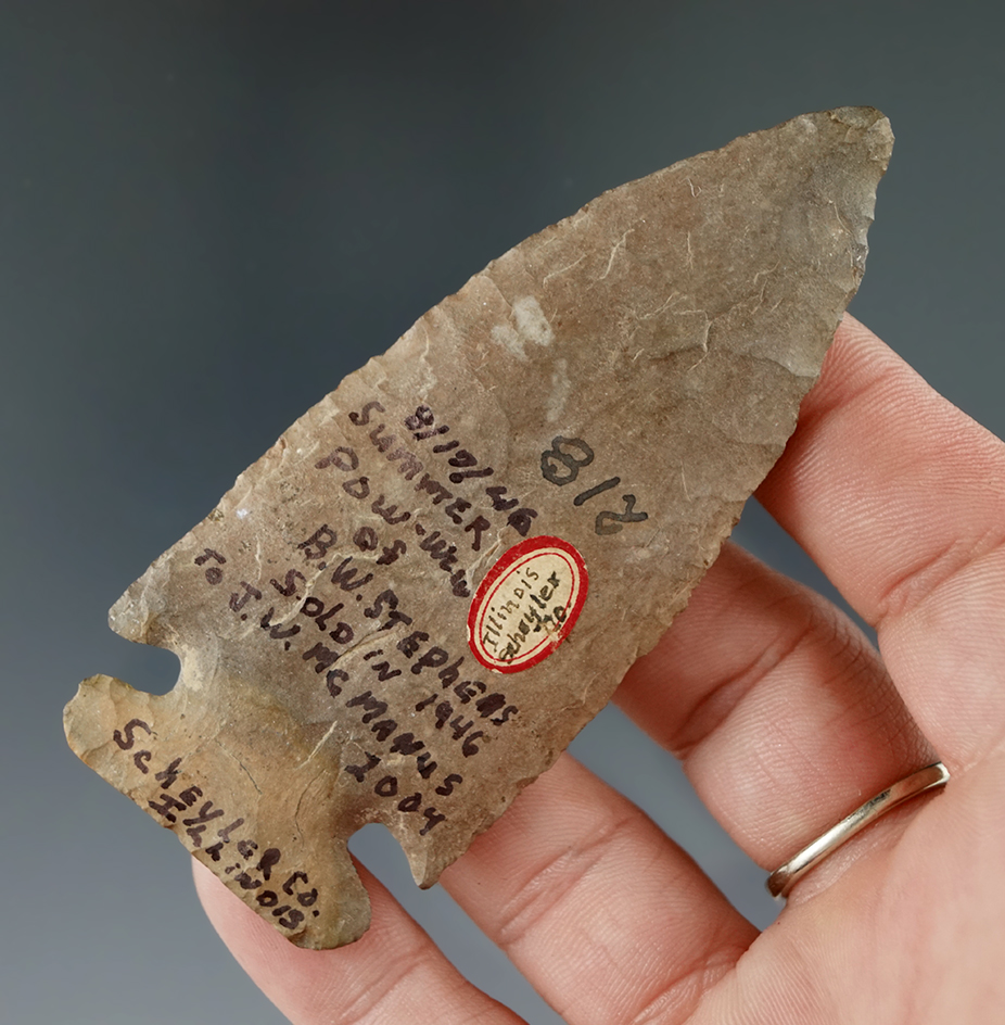 Excellent flaking in style on this well patinated 3 3/8" Sidenotch found in Schuyler County Illinois