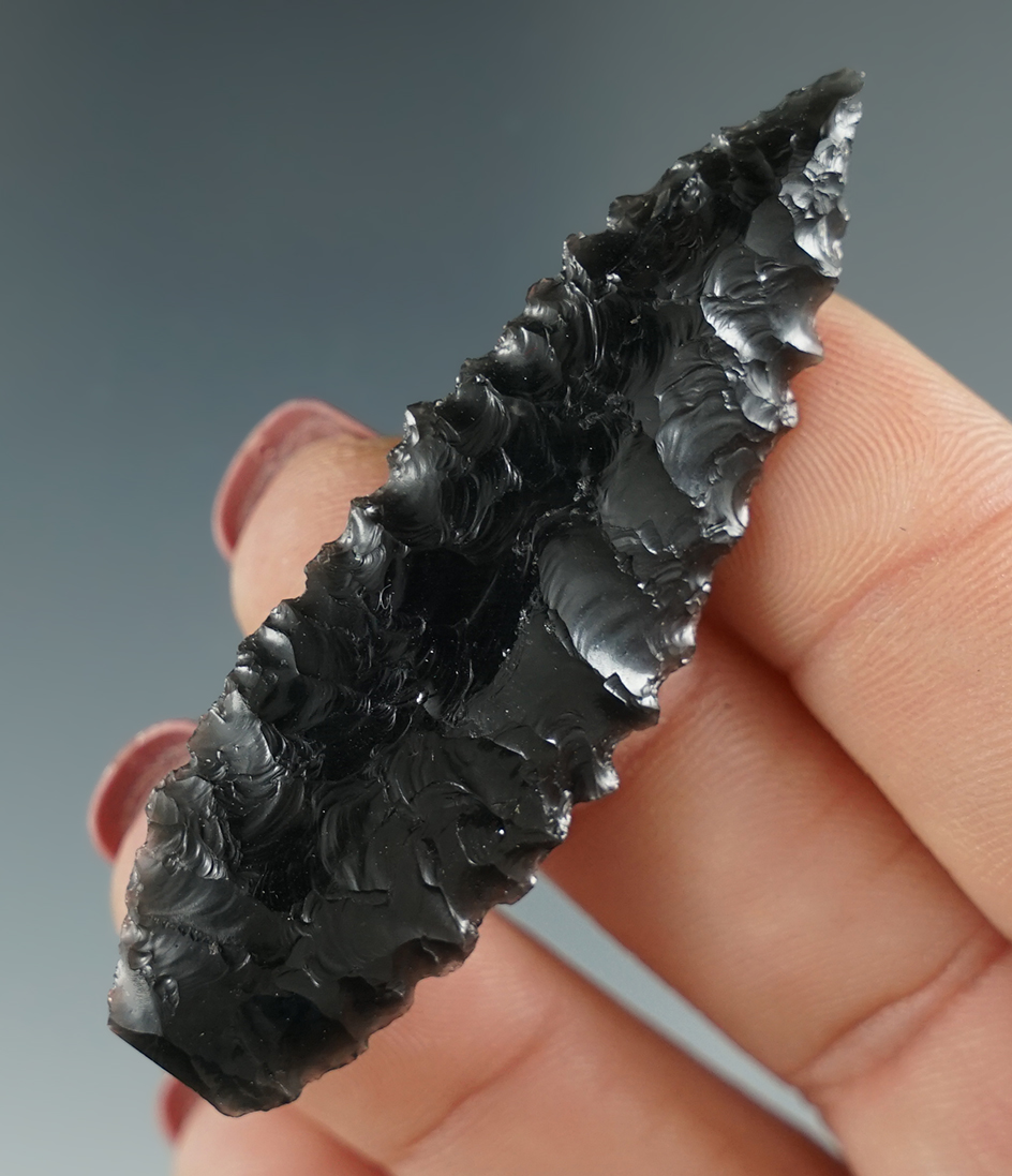 2 5/16" Cascade serrated made from Obsidian. Found in the Great Basin, OR.