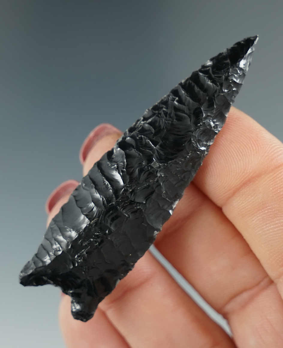 2 1/2" Humboldt Concave Base made from Obsidian. Found in the Great Basin, OR. Pictured1