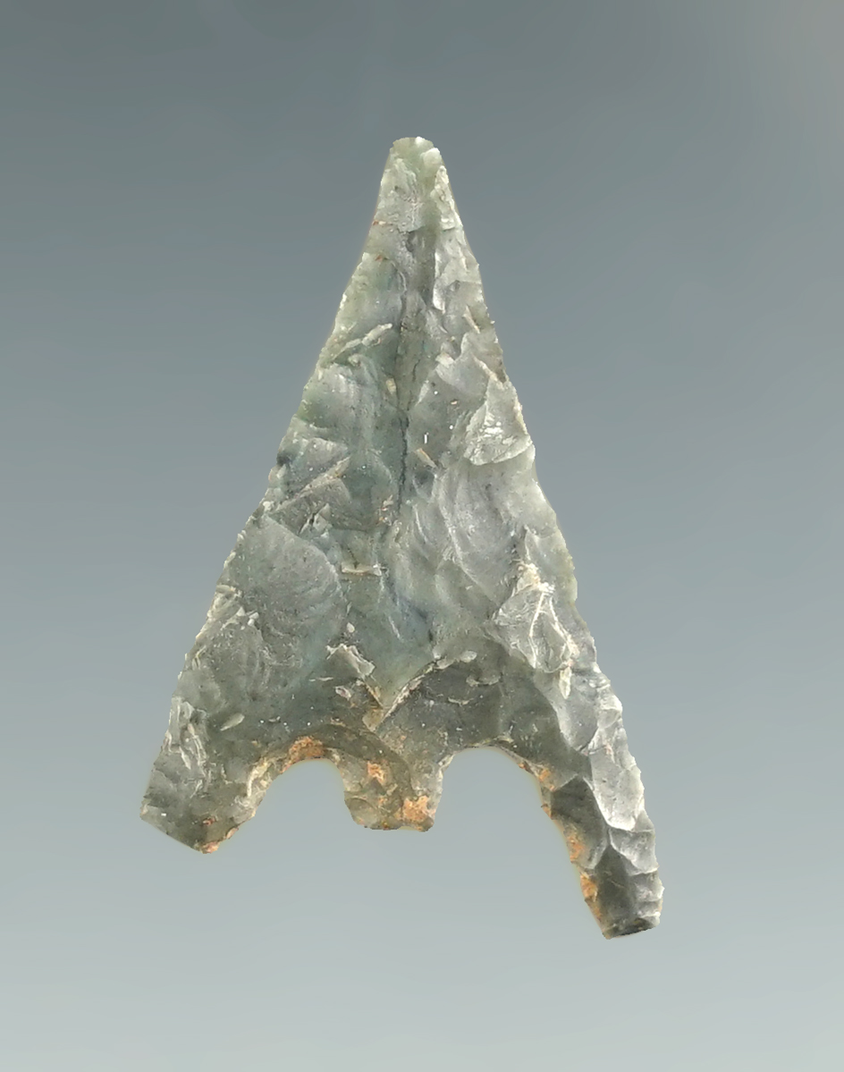 1 1/16" Gunther Barbed made from dark gray Jasper. Found in Southern OR.