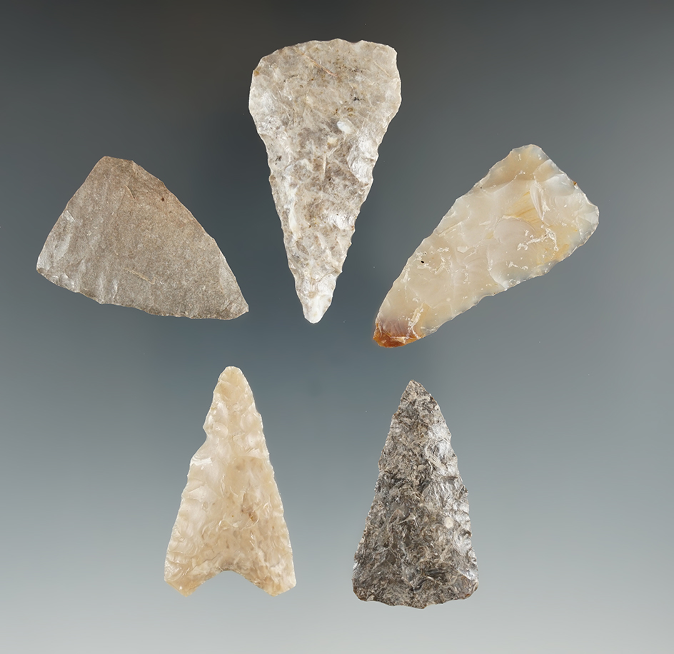 Five Atlatl Valley Triangle Knives. Longest is 2". Found near the Columbia River, OR.