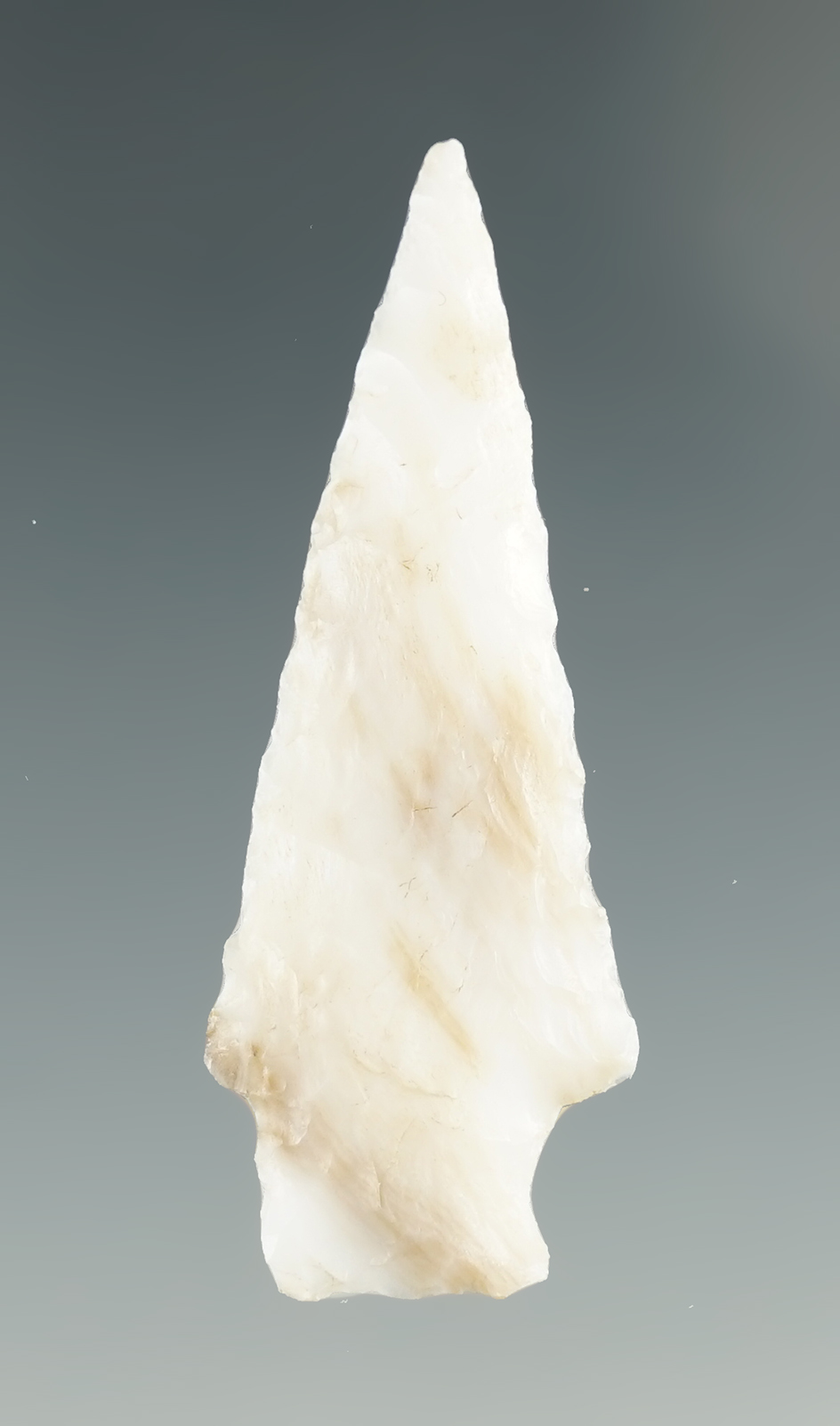 1 5/8" Square Shoulder Dart Point made from white Agate. Found near the Columbia River, OR.