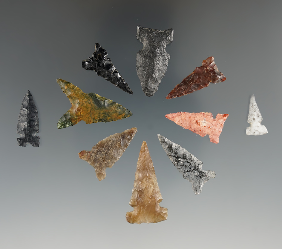 Ten Sierra Sidenotch Points. Largest is 1 1/4". Found near the Columbia River, OR.