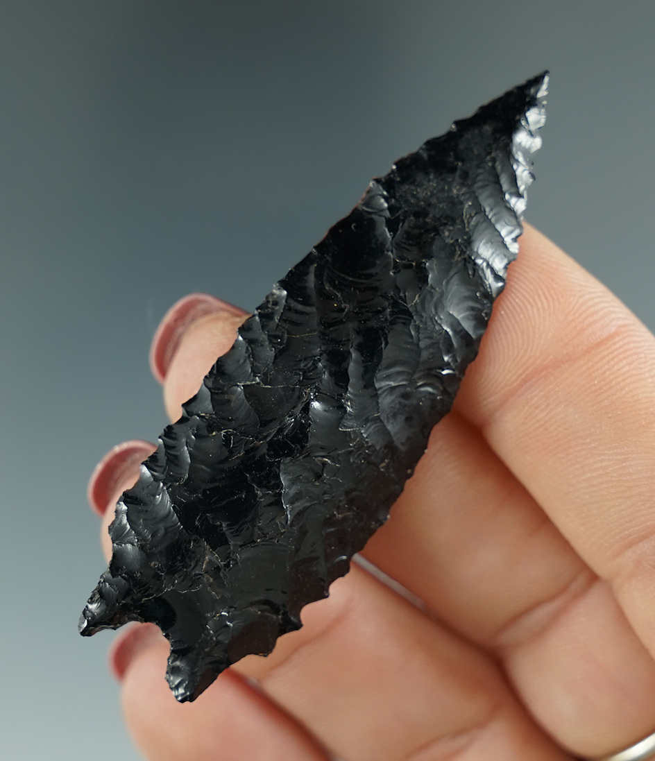 2 1/2" Pinto Basin made from Obsidian with nice flaking. Found in the Great Basin, OR. Pictured!