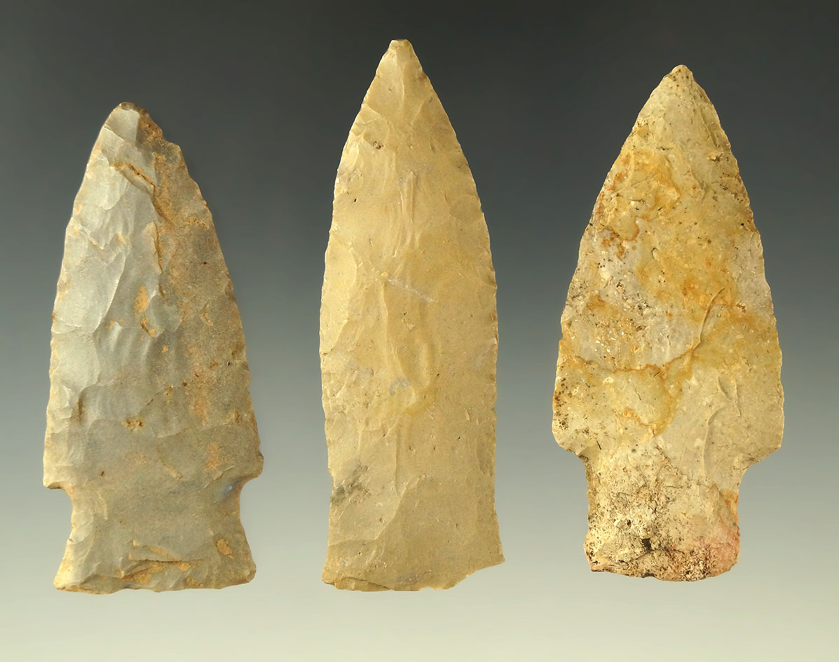 Set of three assorted arrowheads found in Trigg County Kentucky, largest is 2 3/4".