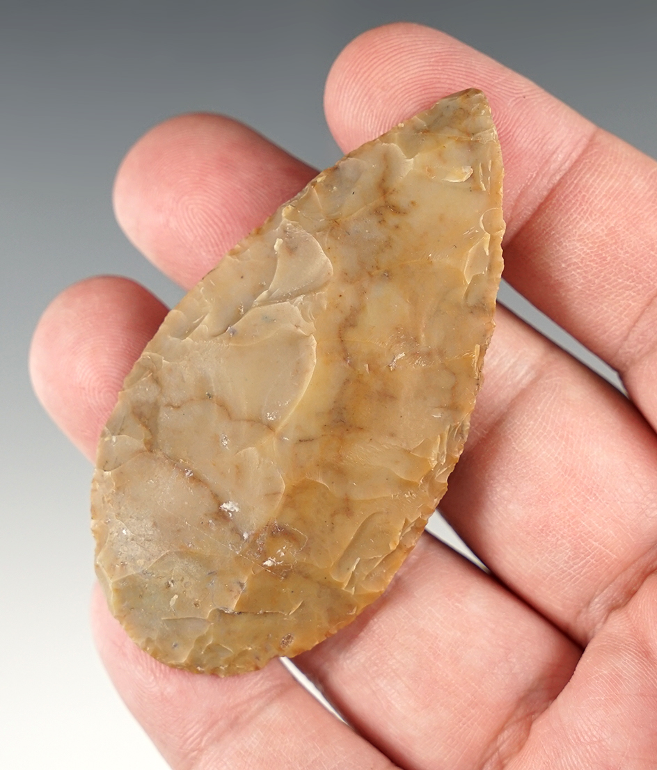 Nicely made 2 3/4" Flint Ridge Adena Leaf Blade found in Ohio.