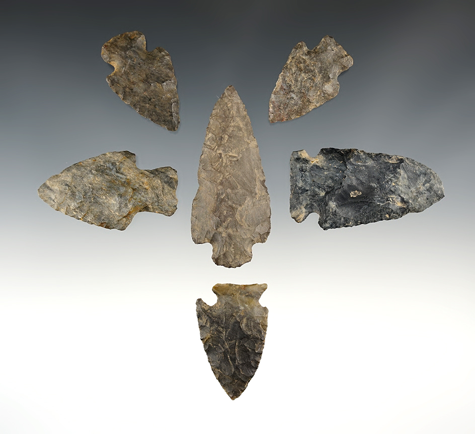 Set of 6 well patinated points found in the Northeastern U.S. The largest is 2 5/8".