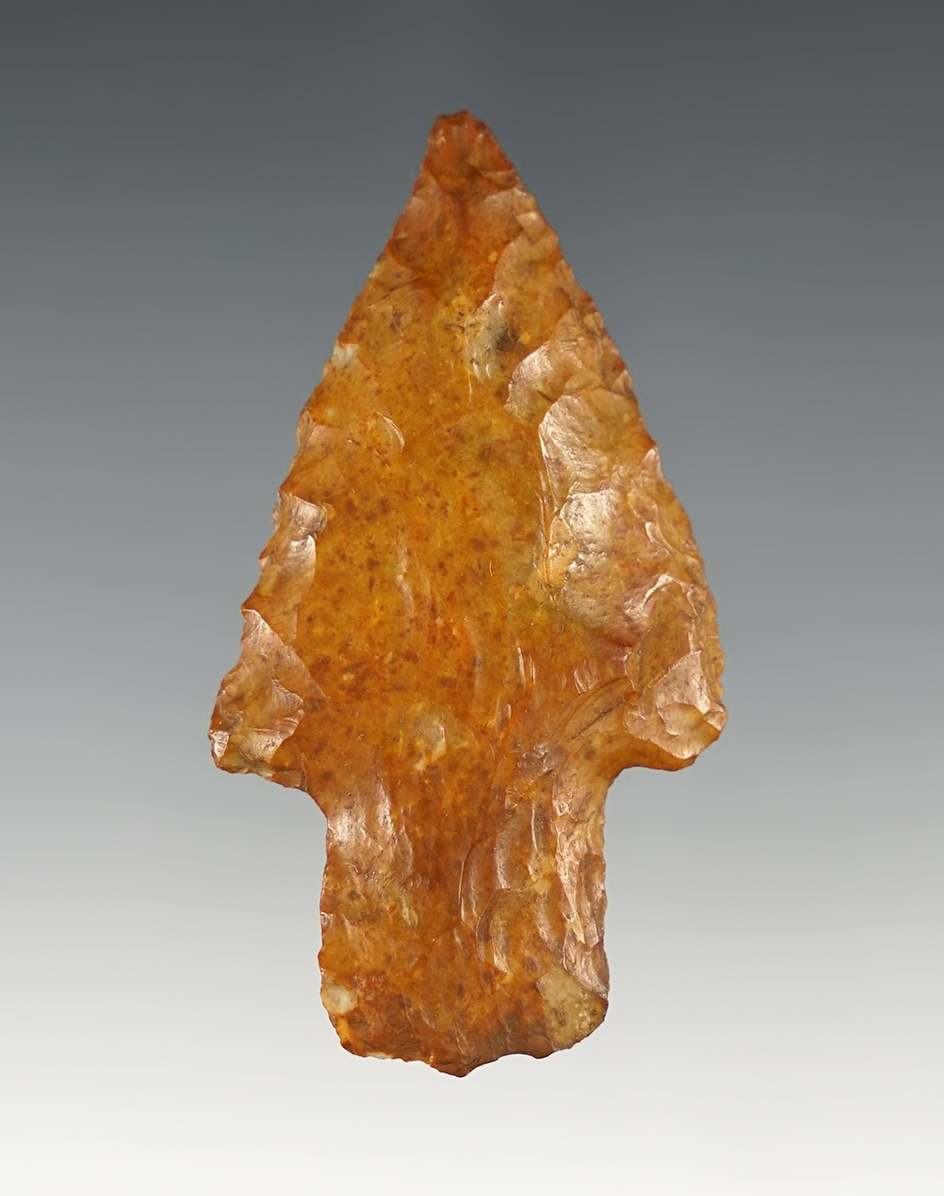 2 5/8" Adena point found in the Midwestern U.S. Made from heavily patinated flint.