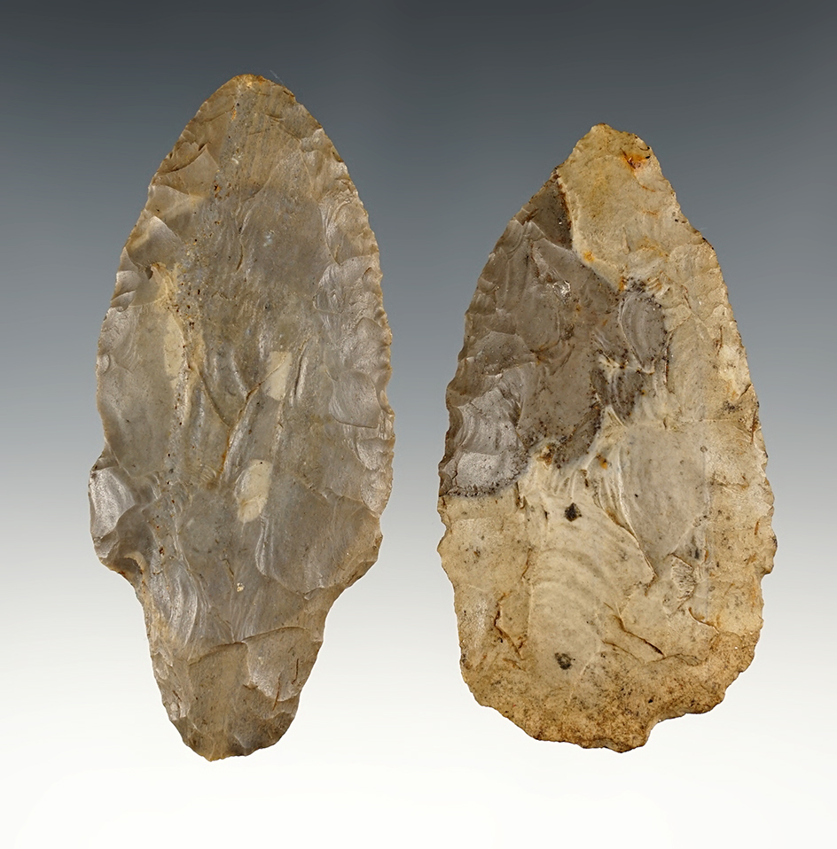 Pair of nicely made Adena Knives found by Bob Taggett in Williamsburg, Ohio. The largest is 3 5/16".