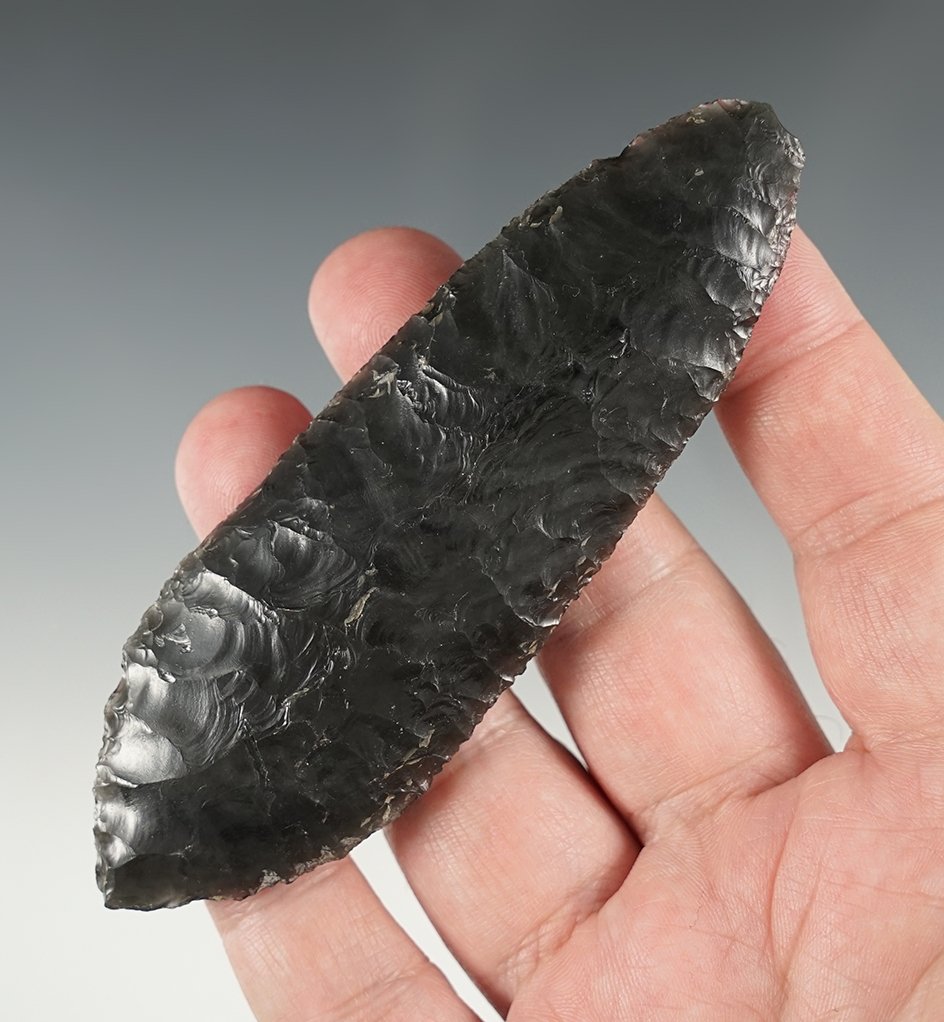 Exceptional flaking on the 4 1/2" Obsidian Knife found in Lake Co., Oregon.