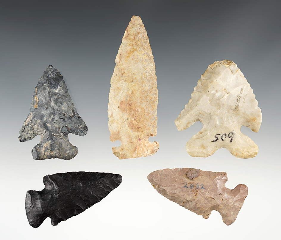 Set of 5 assorted points with some restoration. The largest is 3 7/16".